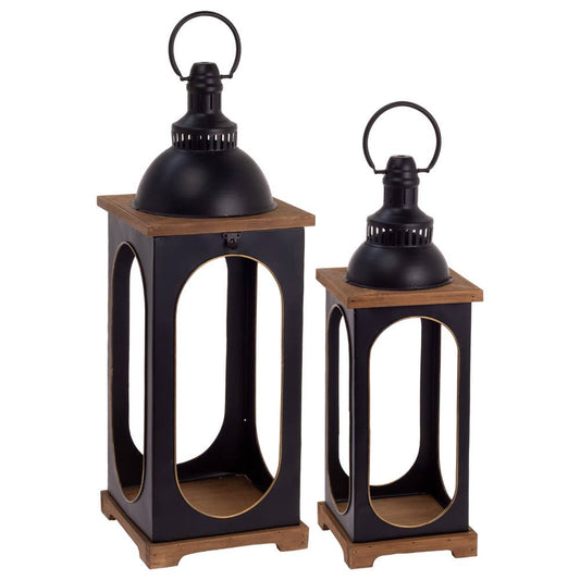 Metal Black Lantern W/Oval Gold Edges Set Of 2