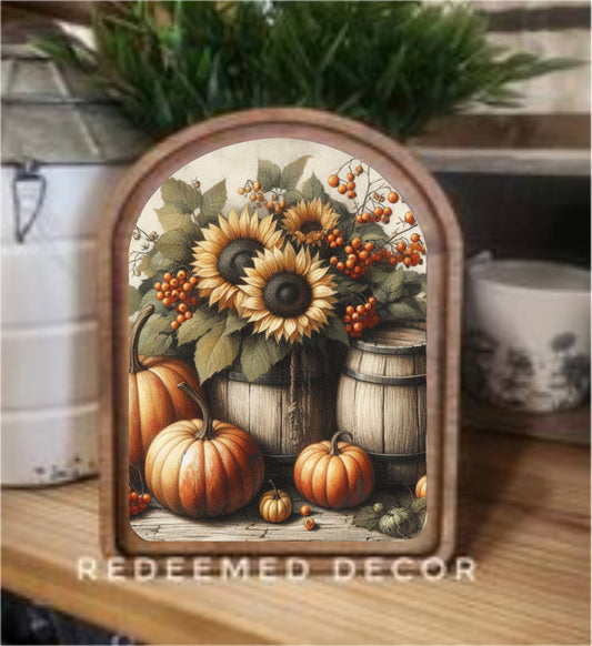 Arch Top Sunflower Barrel Framed Art : 8.25x11"