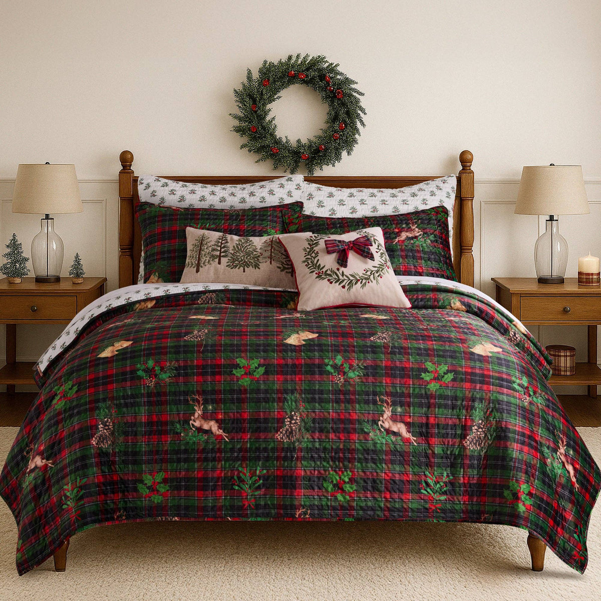 Merry Tartan Bow Pillow: Natural / 18x18