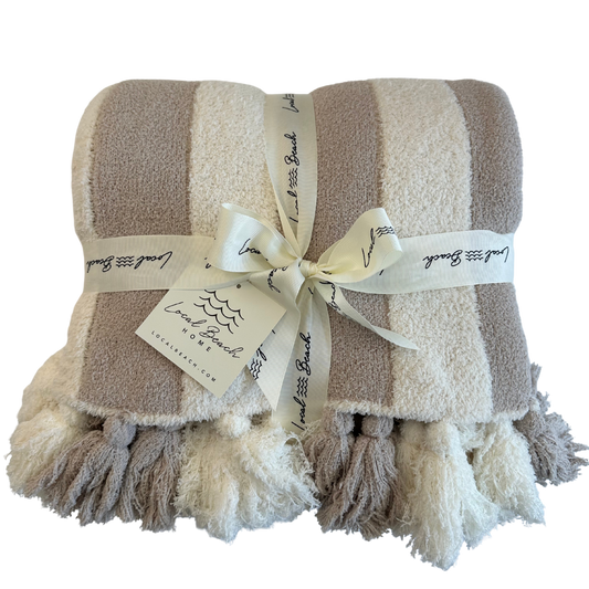 Striped Luxe Home Blanket with Tassels: Taupe/Cream