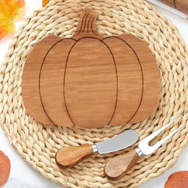 Wood Pumpkin Cheese Board with Knife Set