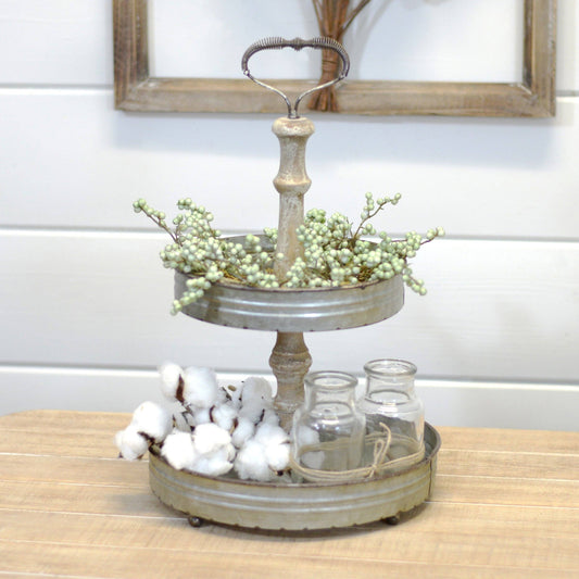 Metal 2-Tier Tray Round with Distressed Finish